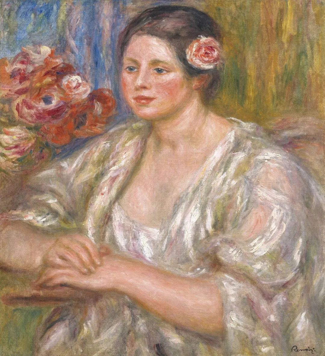 拍品编号14 彼埃·奥古斯特·雷诺瓦（1841-1919） 《花束旁身着白衣的玛德琳》