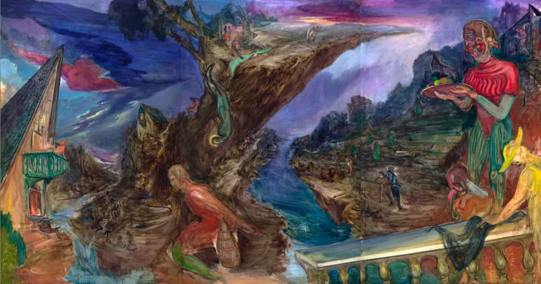 傅饶《夜宴》 布面油画,220 × 420 cm,2024