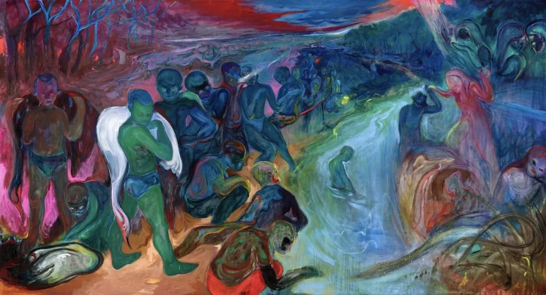 傅饶《长生河》 布面丙烯,160 × 300 cm,2025-2026