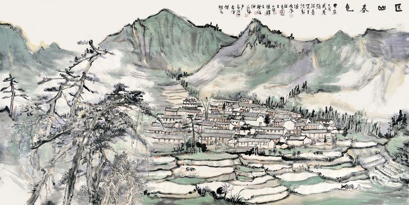 《匡山春色》陈北辰、林容生、王小华、陈铎、王新伦、张永海、卢志强8尺，纸本水墨，2024年