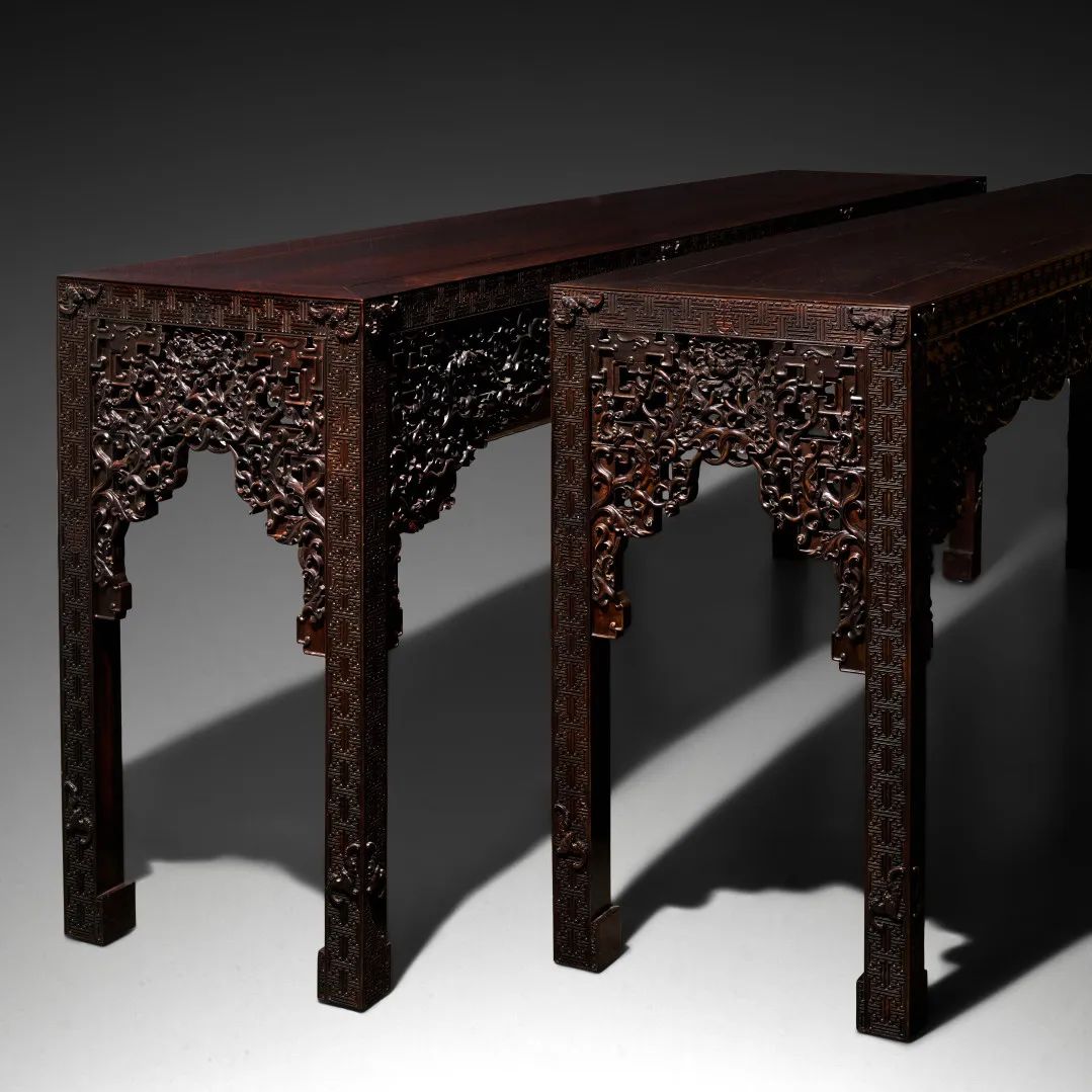 御制紫檀福寿缠枝牡丹纹四面平攒牙子大案成对