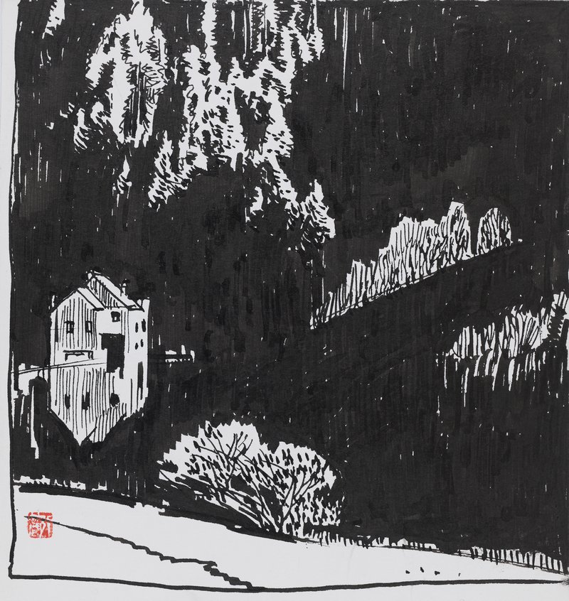 《青山夕照明（德国）》 李行简 1988年 纸本钢笔 18.1&times;17cm 中央美术学院美术馆藏