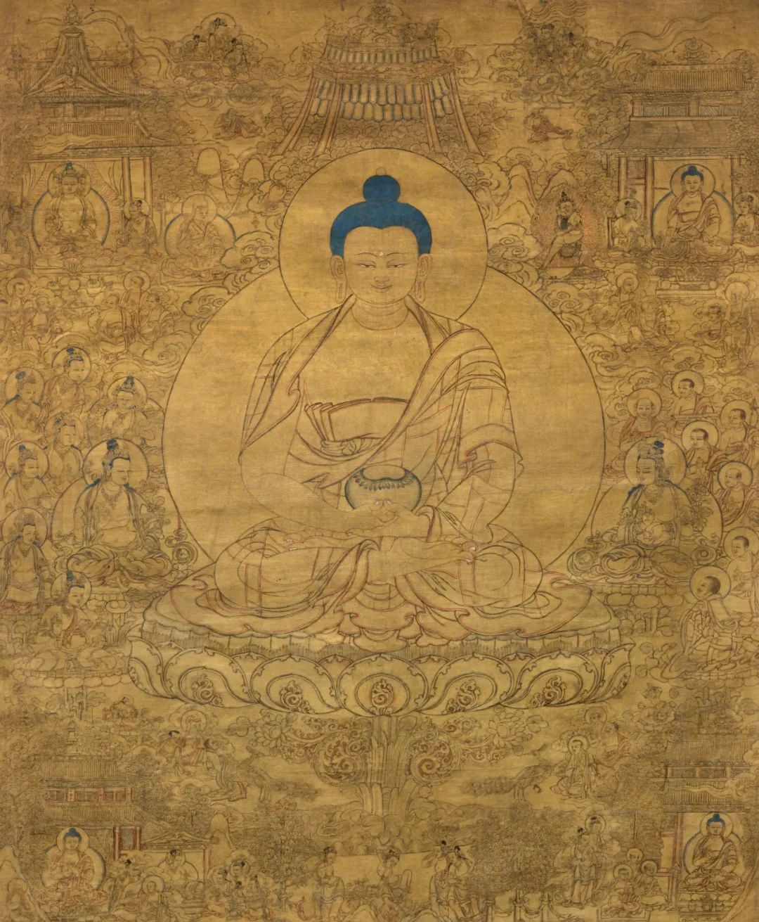 金地无量光佛净土唐卡 （传）珍噶瓦作 西藏 十六世纪