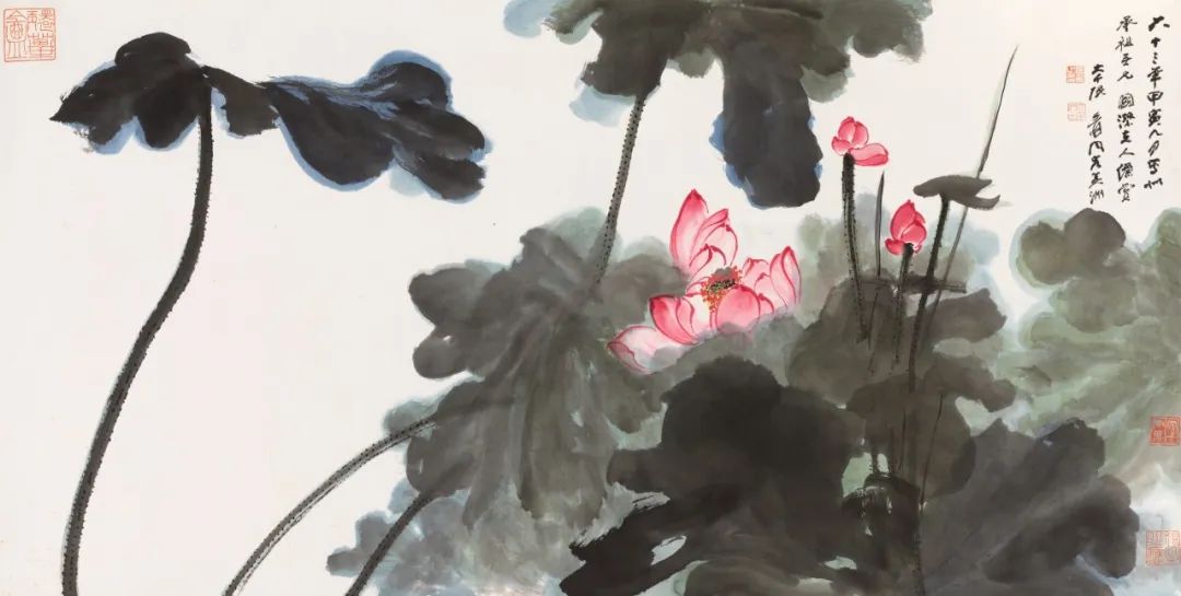 张大千 《为茅承祖伉俪写红荷》