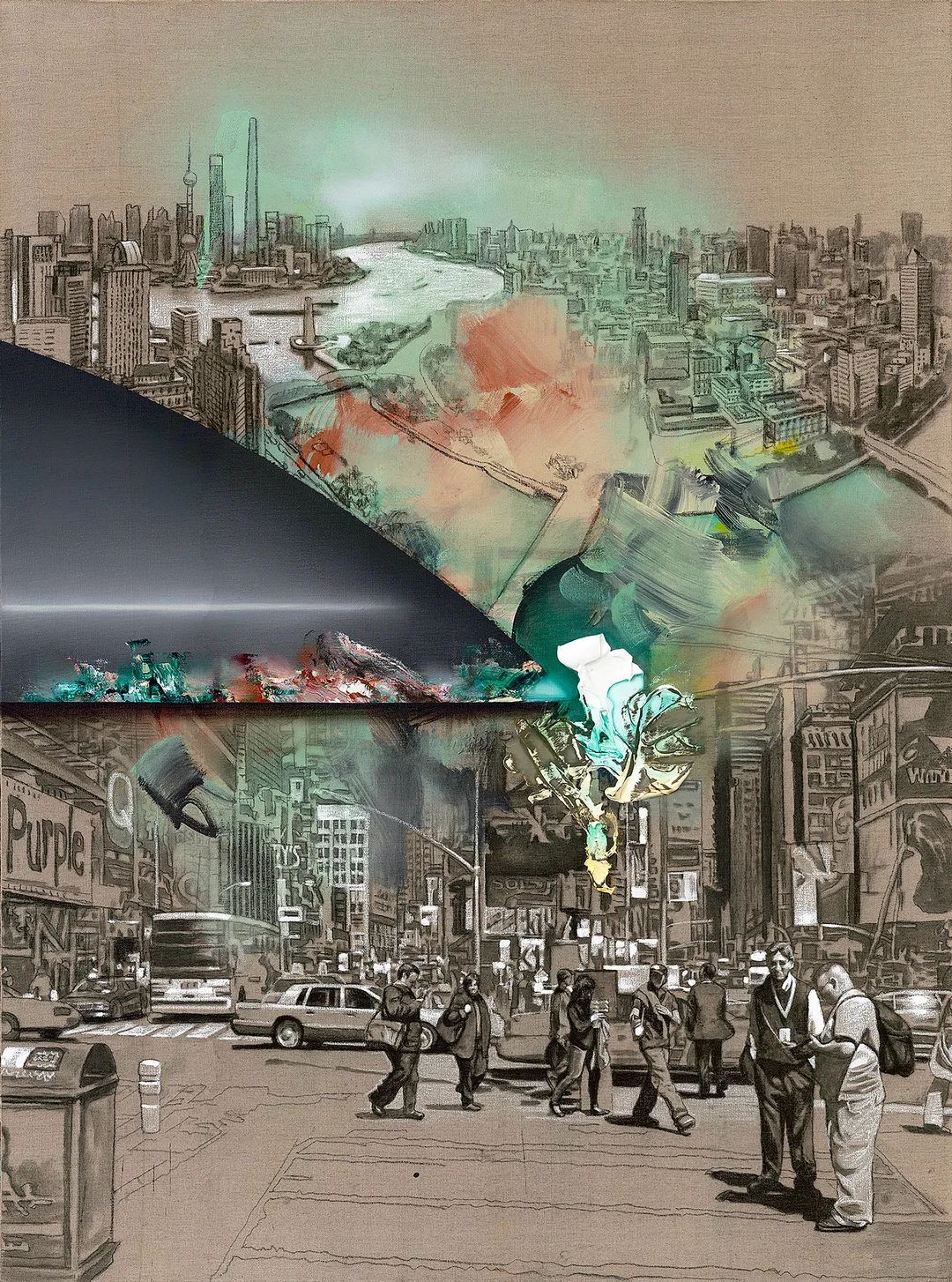 《平行世界》 200x150cm 布面木炭、油画、丙烯 2024