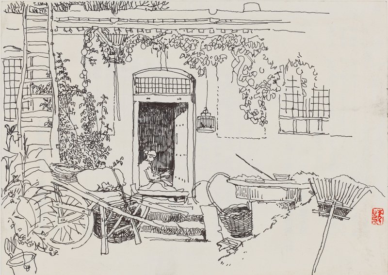 《住处门前》 李行简 1972年 纸本钢笔、墨笔 17&times;24cm