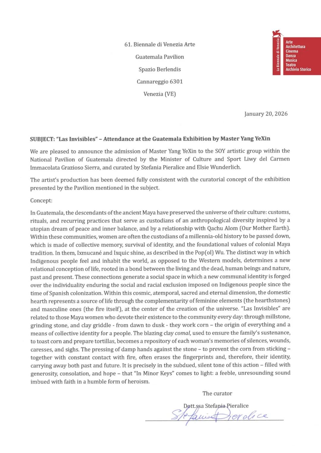 杨烨炘收到策展人斯特凡妮娅&middot;皮耶拉利切博士的邀请函