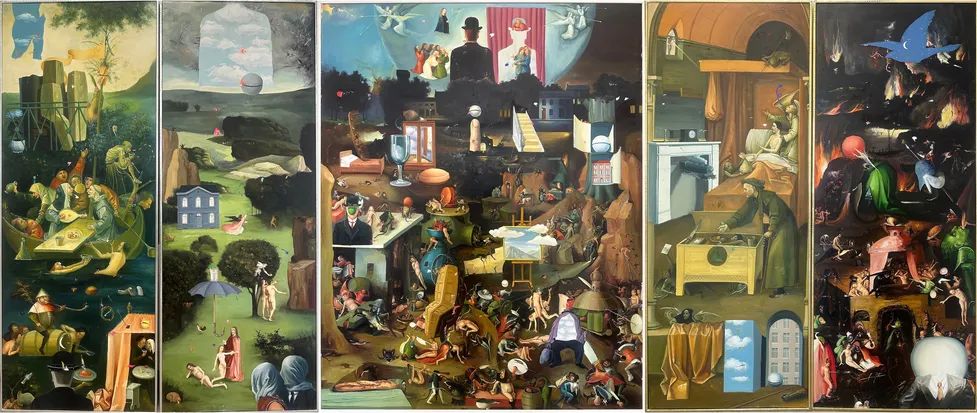 《人间 — 马格列特在波斯的世间里》 布面油画,203 × 471.5 cm(5联),2024-2025