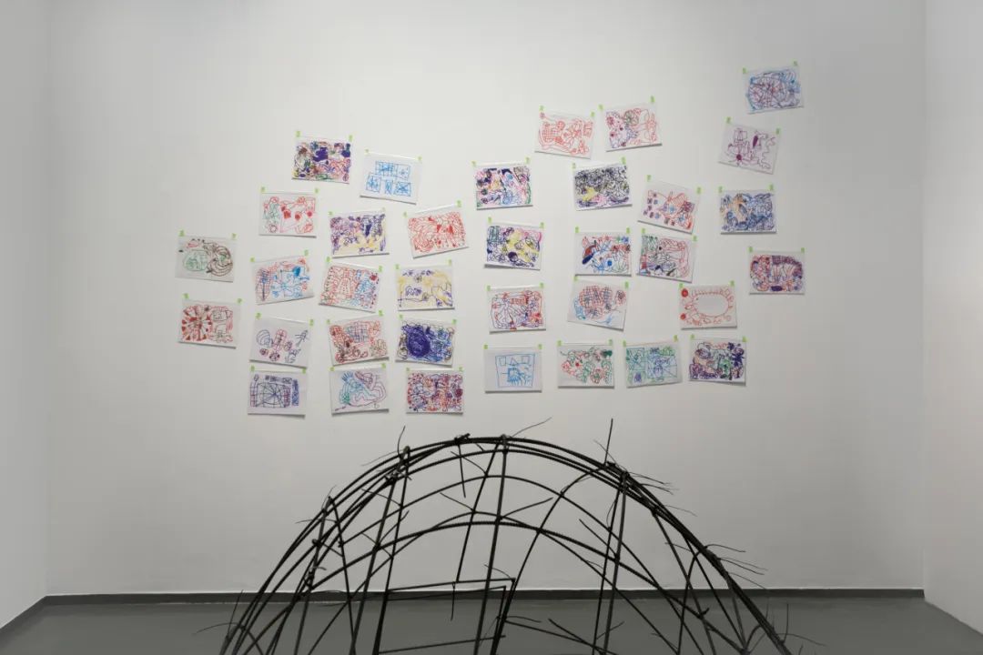 ▲沈远《马特奥与我》 图画、照片、铁笼、地毯、洗脸盆、抹布、影像,尺寸可变,2019-2021