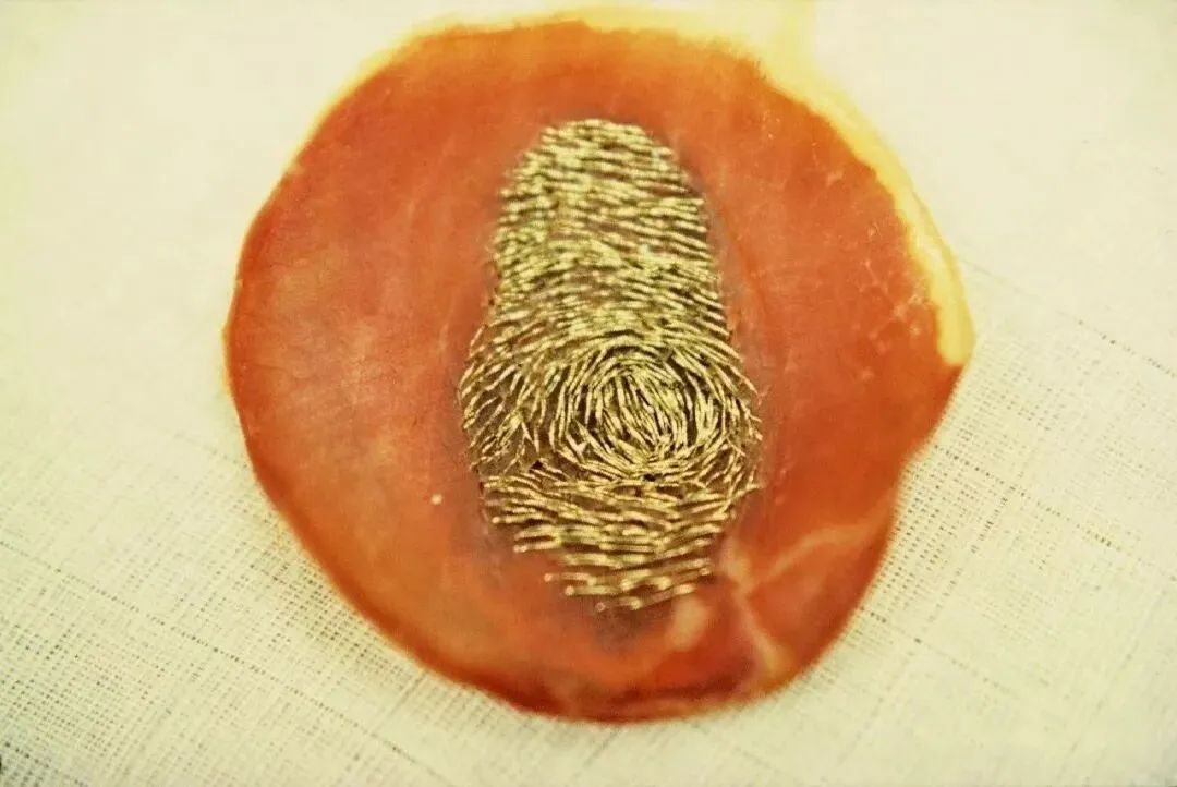 ▲沈远《指纹》 生火腿肉、金线、瓷盘,23 x 23 x 4 cm,1998 “一个世界的早晨”展览现场图,Eric Dupont画廊,巴黎,1999 ©沈远 & 梁洁华艺术基金会(香港/温哥华) 艺术家供图