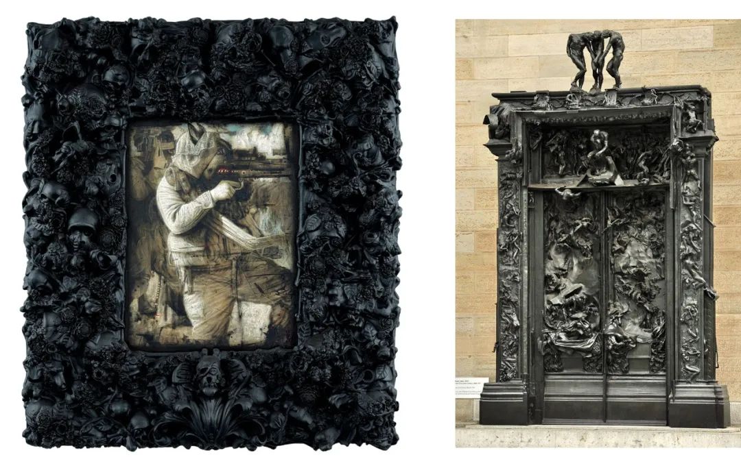 左：文图拉《狩猎场系列3》 右：罗丹（Auguste Rodin）《地狱之门》，铜雕，600&times;400&times;100cm，1880 至1917年作，苏黎世美术馆藏