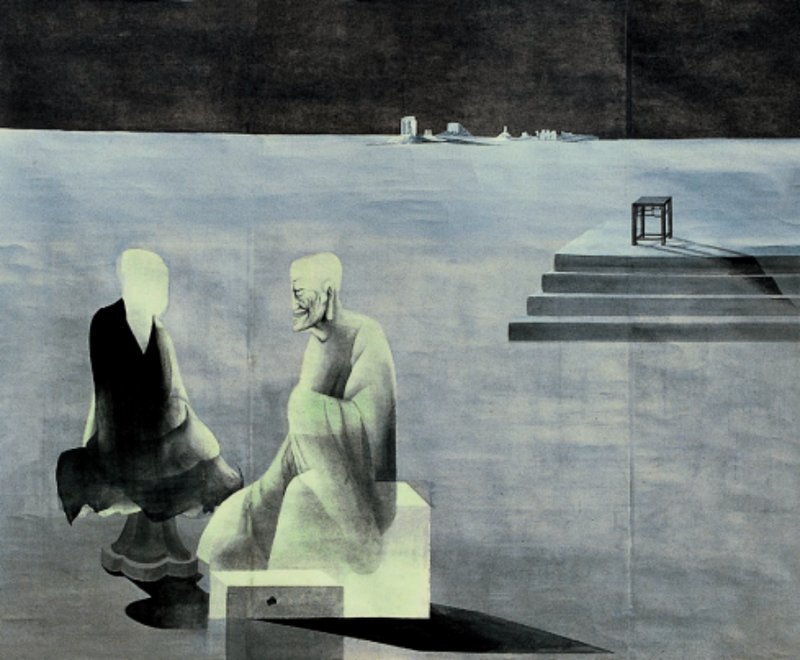 沈勤《师徒对话》&nbsp;宣纸水墨 _ 124cm&times;151 .5cm _ 1985 年