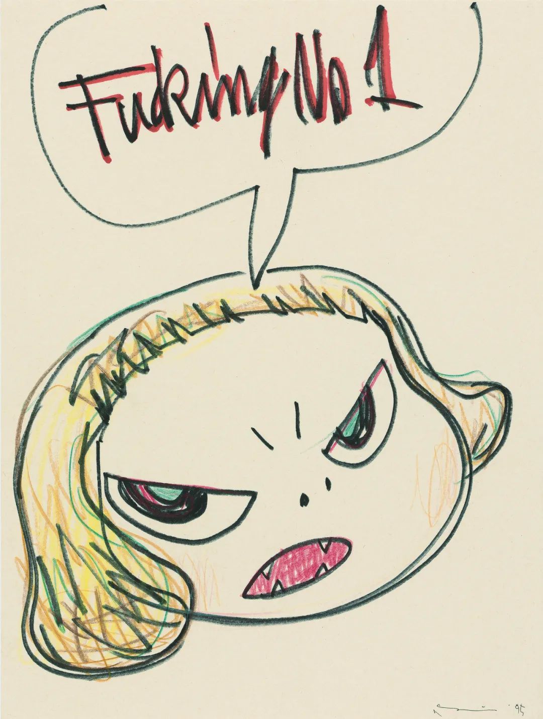 LOT 109 奈良美智 ​ 《Fucking No.1》 1995年作 签字笔 彩色铅笔 纸本 39.9 x 29.8 cm.