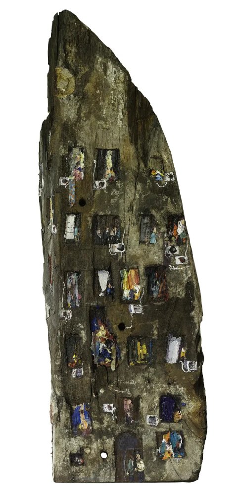 《时间与记忆》 70x18x6cm 老船木木雕油画 2022