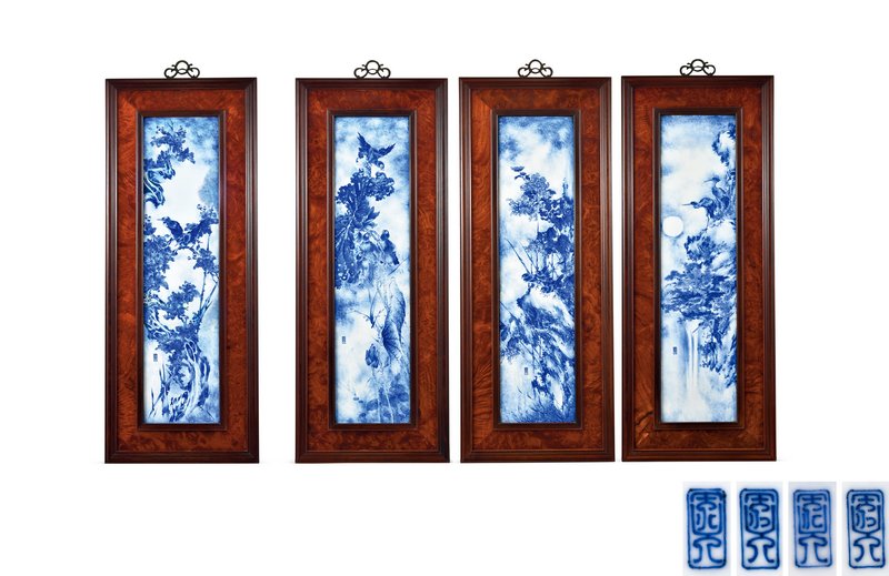 王步(1898-1968) 民国 青花四时瑞禽图瓷板一套