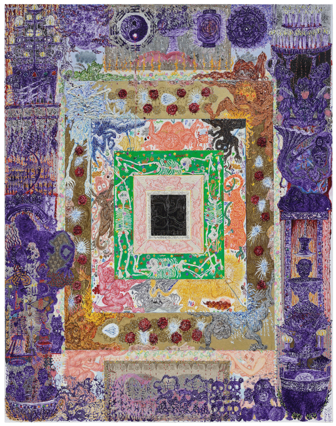 欧阳春,红尘祭,2024,布面油彩,油画棒,280×220 cm,图片由艺术家和空白空间提供
