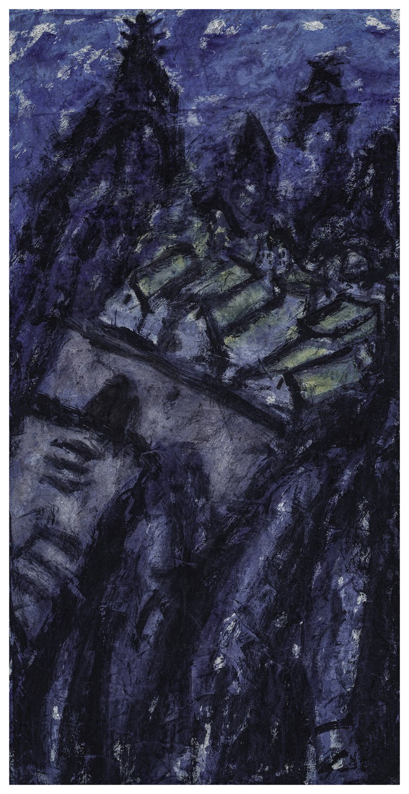 胡吉宏 《屯堡石头寨189》 土纸+丙烯+蓝靛泥 69x137cm