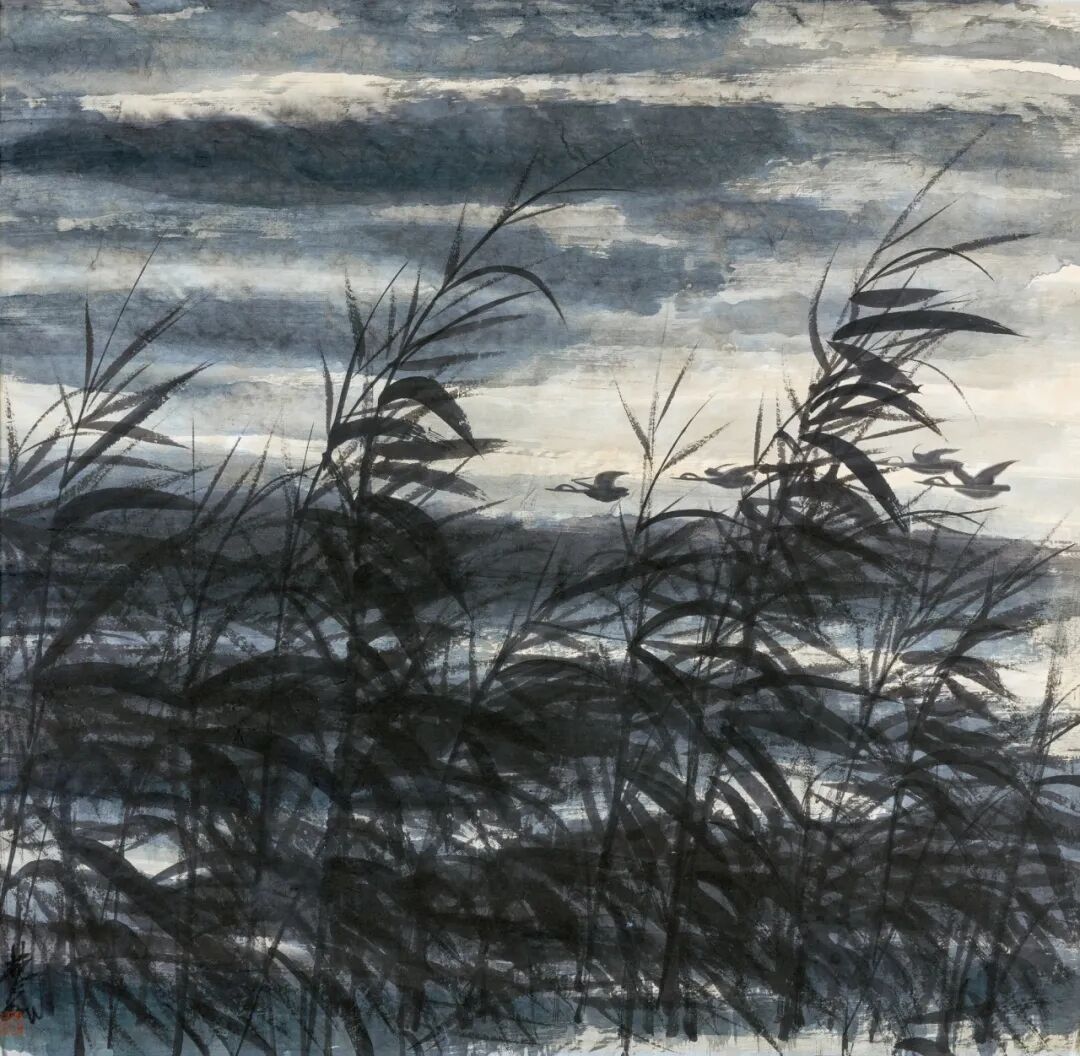 林风眠《苇丛翔雁》 纸本设色 66×68cm