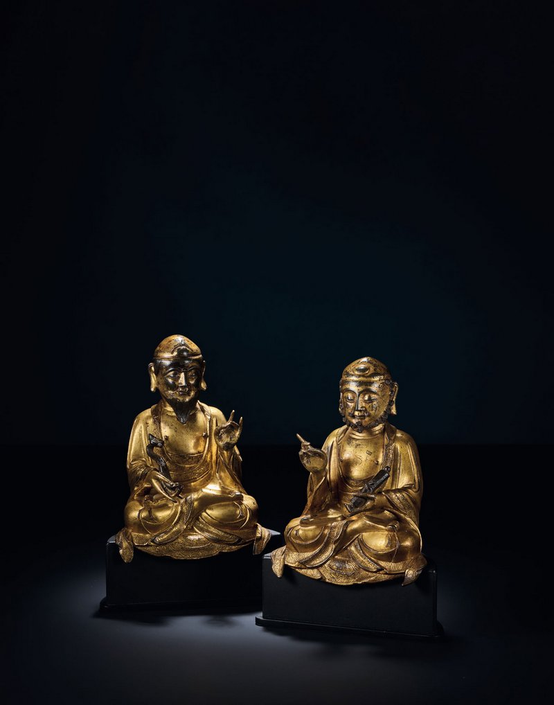 元末明初《铜鎏金男相文殊普贤菩萨坐像(一组两尊)》