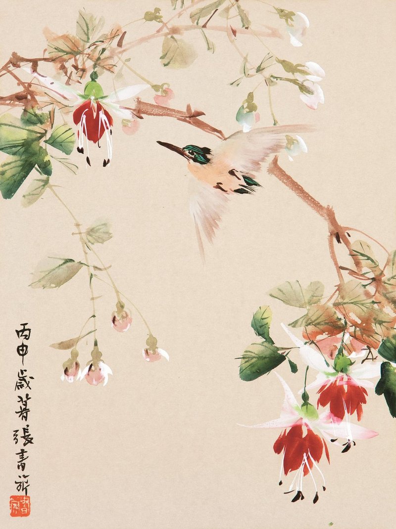 《红花翠鸟》 35.5 × 28 cm 纸本 1956年 浙江美术馆藏
