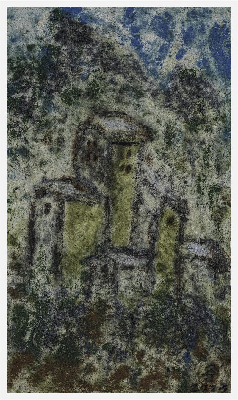 胡吉宏 《屯堡石头寨175》 土纸+丙烯+蓝靛泥 65x110cm