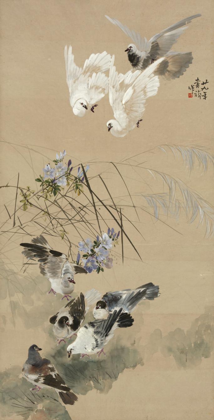 群鸽 134.5 × 69 cm 纸本 1940年 浙江美术馆藏