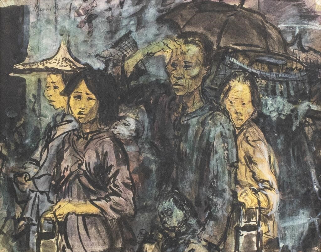玛利安·格林伍德绘,Busy market scene in Asia 纸本混合媒材 图片来源MutualArt