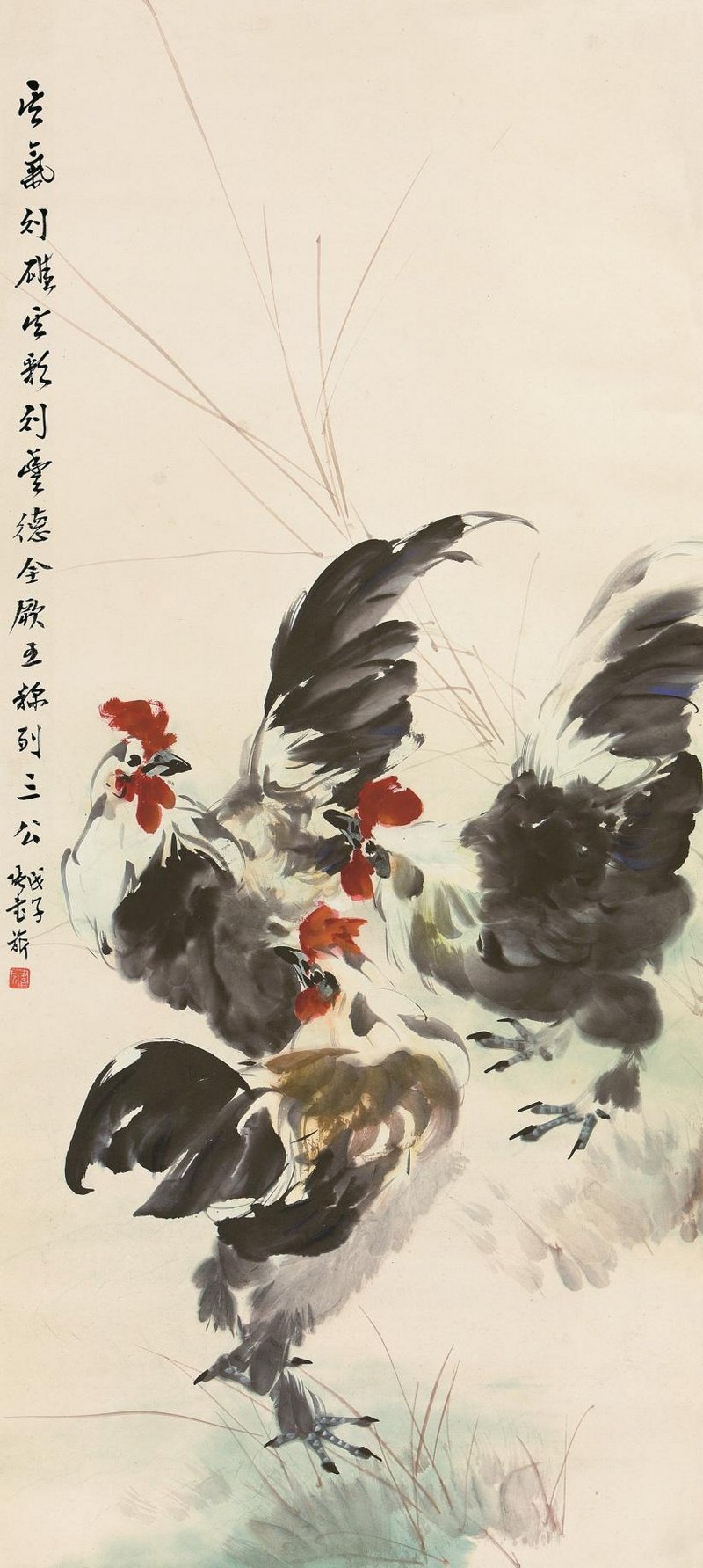 三雄鸡 104×47cm 纸本 1948年 浙江美术馆藏