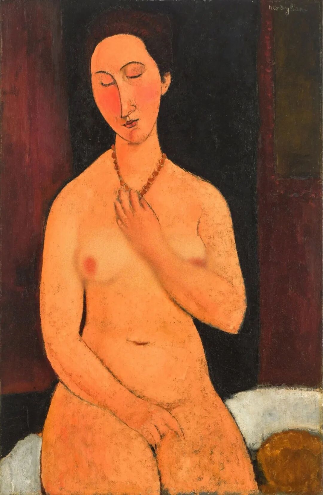 阿梅代奥·莫迪利亚尼《戴项链的坐姿裸女》 油彩画布 91.5×59.7cm 1917-18年
