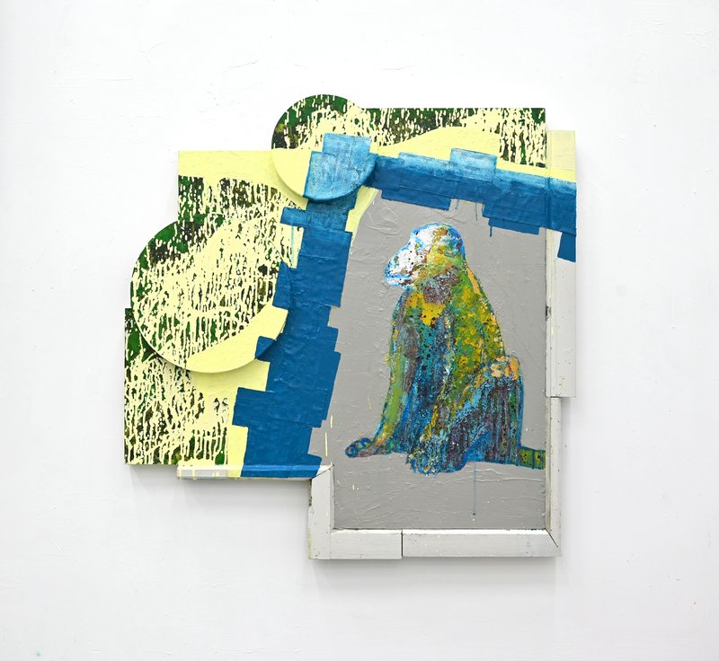 孙一涵,《猕猴》,山雨,2026,木板、丙烯、尼龙、漆,85x85cm