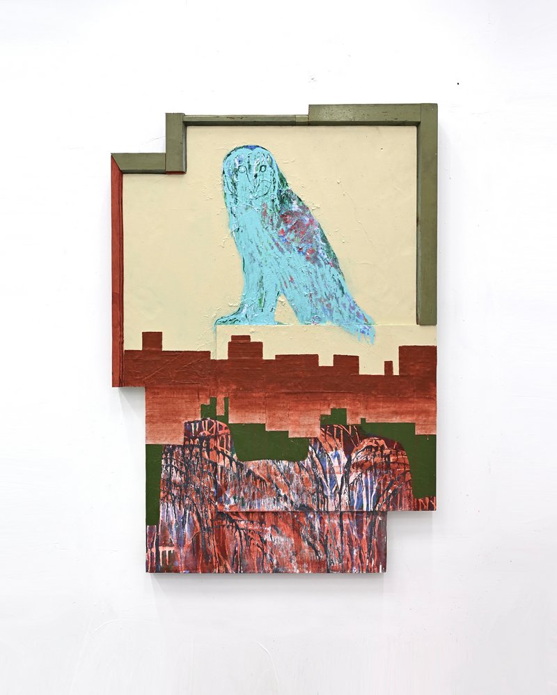 孙一涵,《猫头鹰和夜晚的痕迹》,2026,木板、丙烯、尼龙、漆,85x85cm